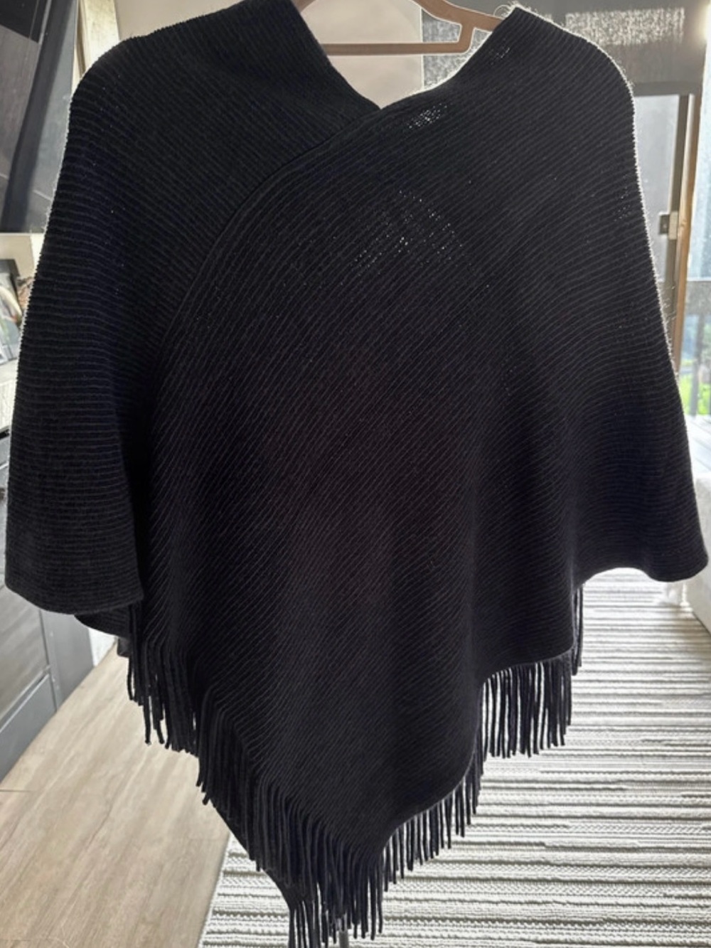 Black Fringe Knit Poncho Sweater